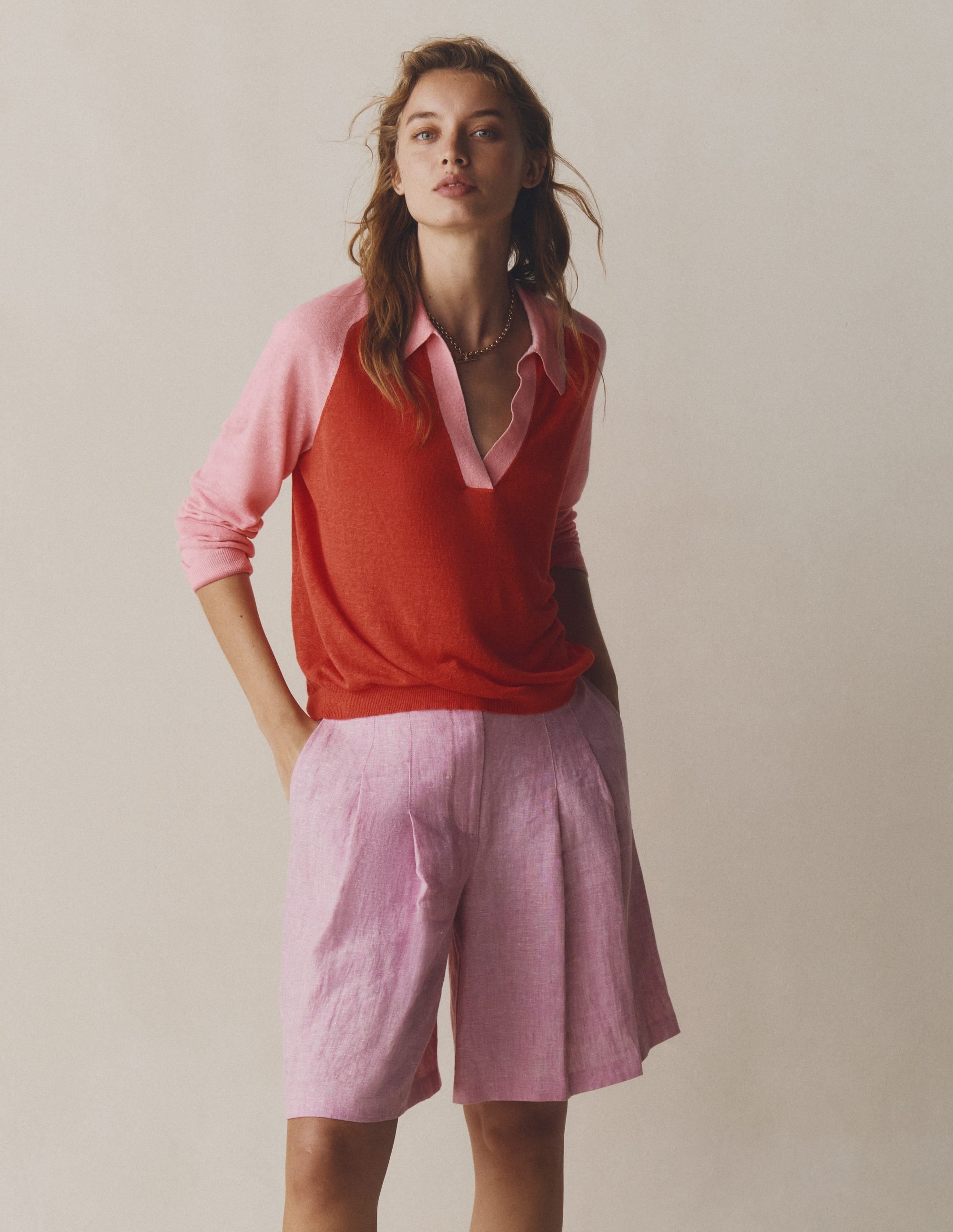 Highbury Pleated Linen Shorts-Meadowsweet Pink Chambray