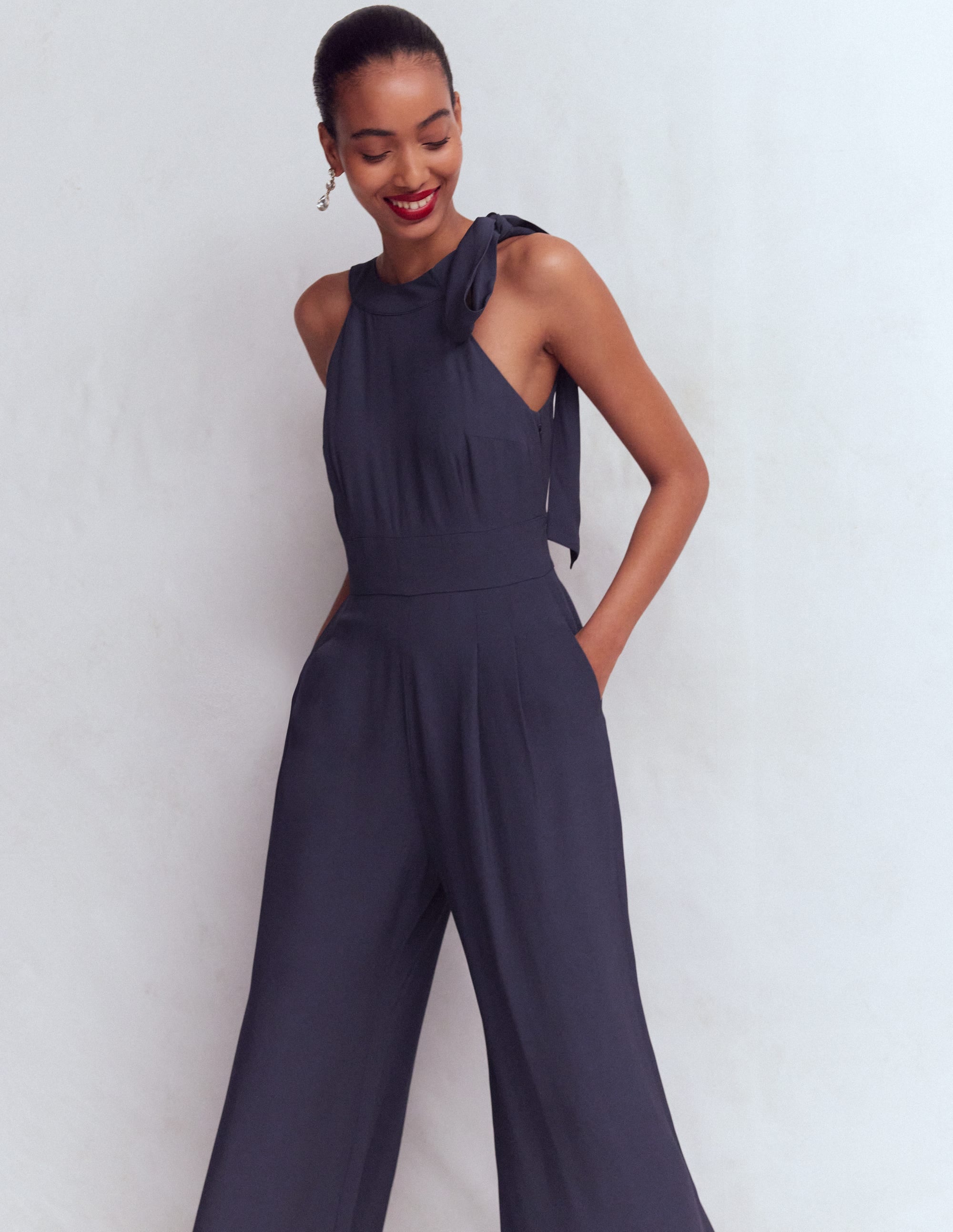 Tie Halter Neck Jumpsuit-Navy