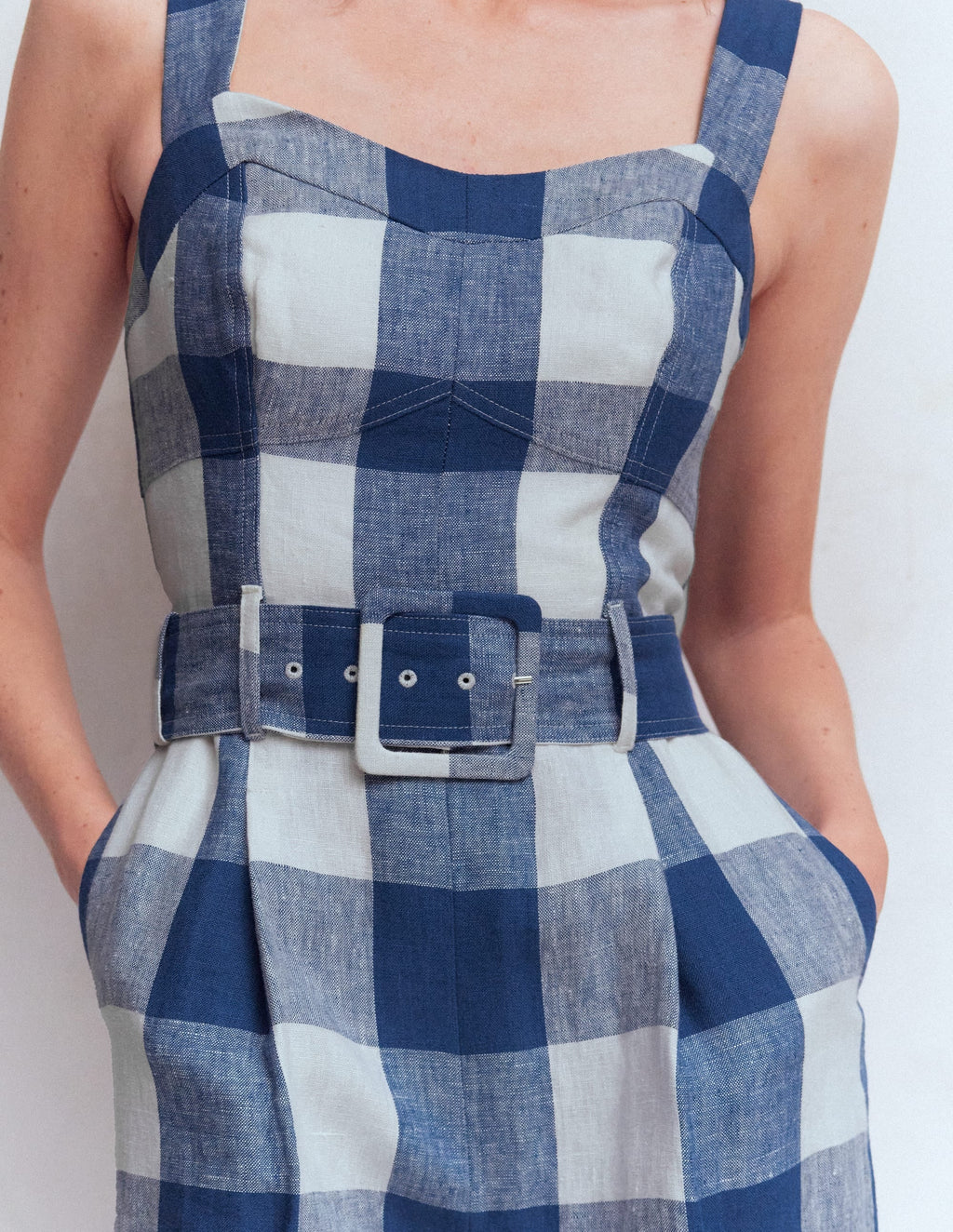 Panelled Bodice Linen Jumpsuit-Denim Blue Gingham