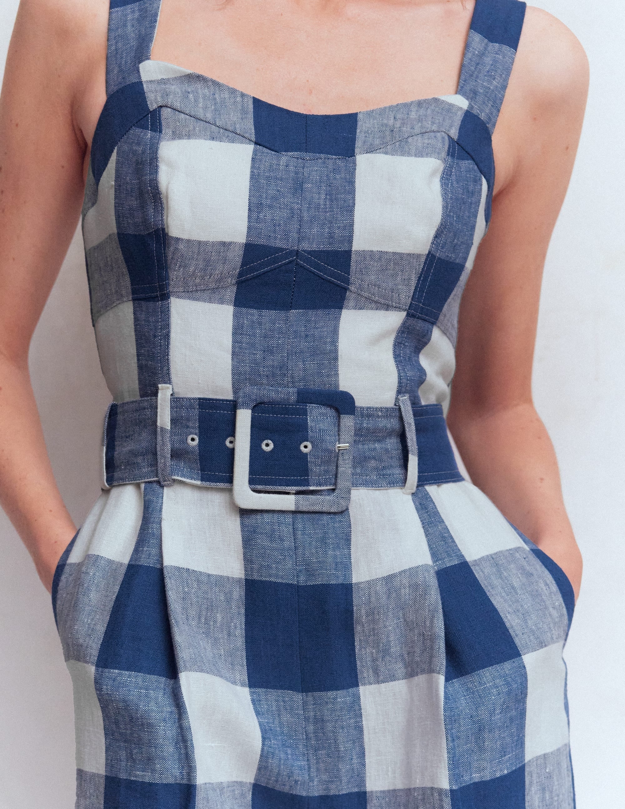 Panelled Bodice Linen Jumpsuit-Denim Blue Gingham