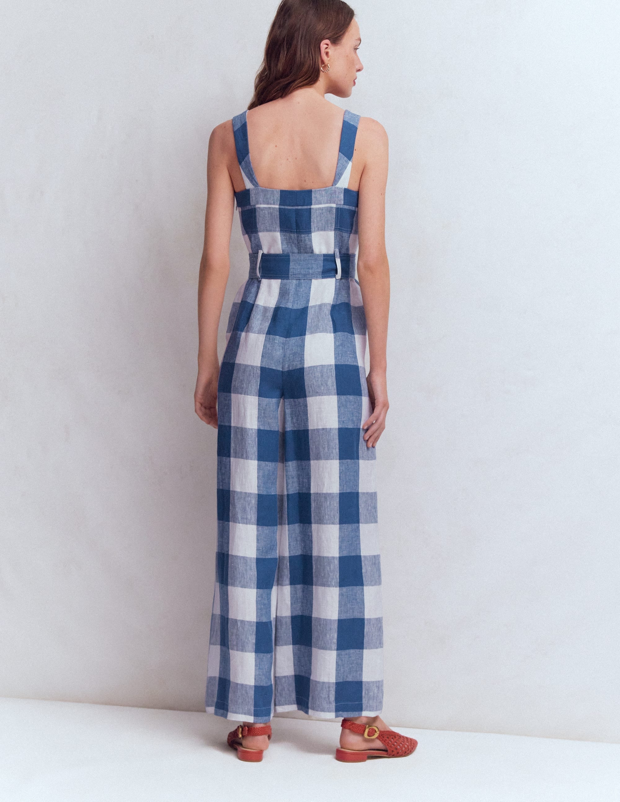 Panelled Bodice Linen Jumpsuit-Denim Blue Gingham