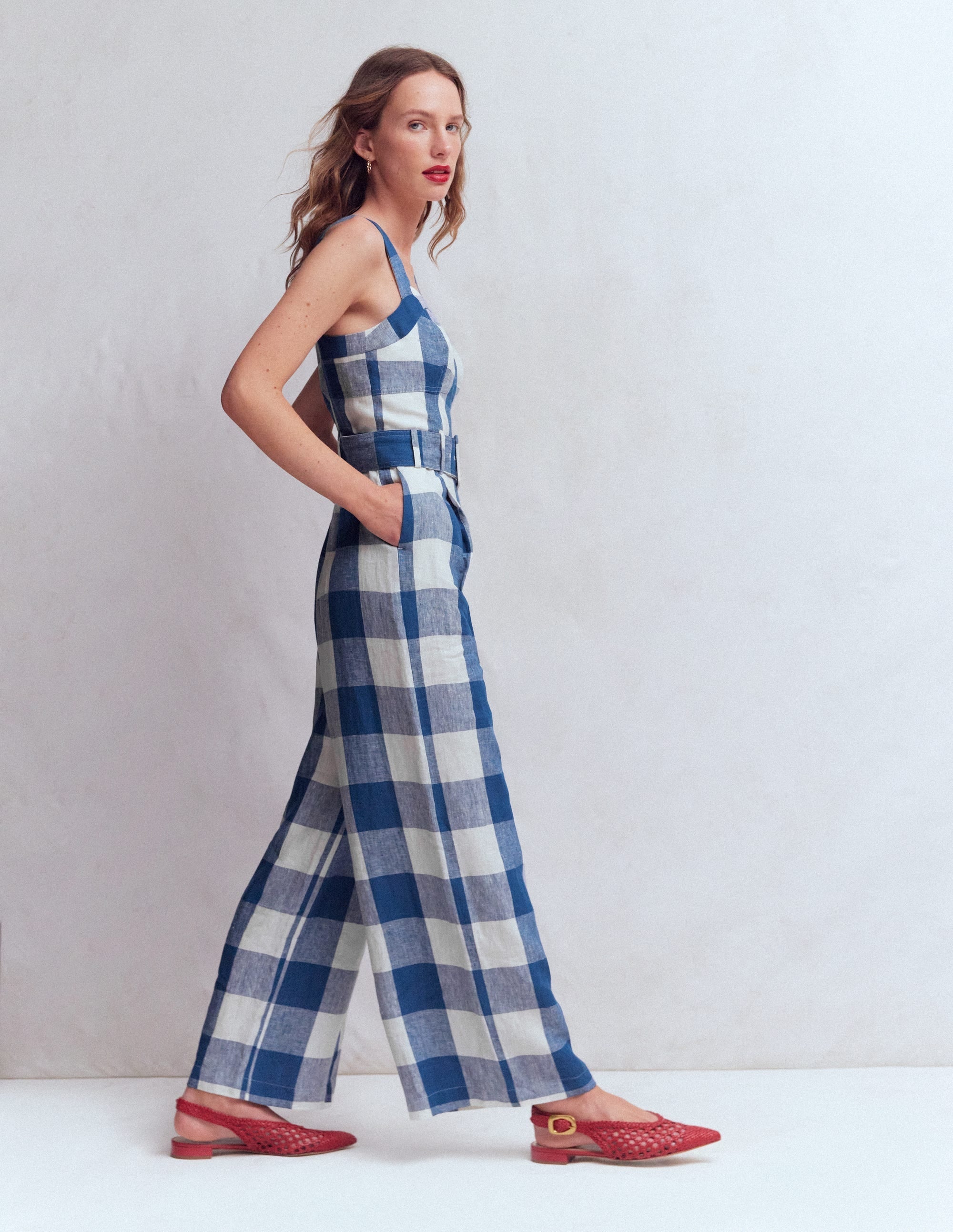 Panelled Bodice Linen Jumpsuit-Denim Blue Gingham