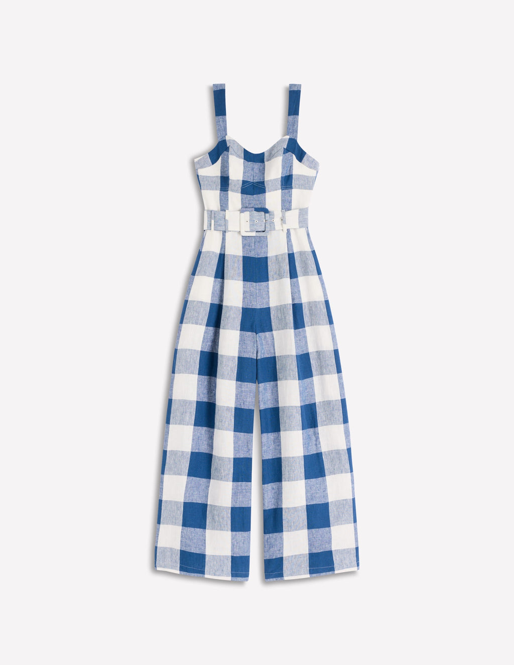 Panelled Bodice Linen Jumpsuit-Denim Blue Gingham