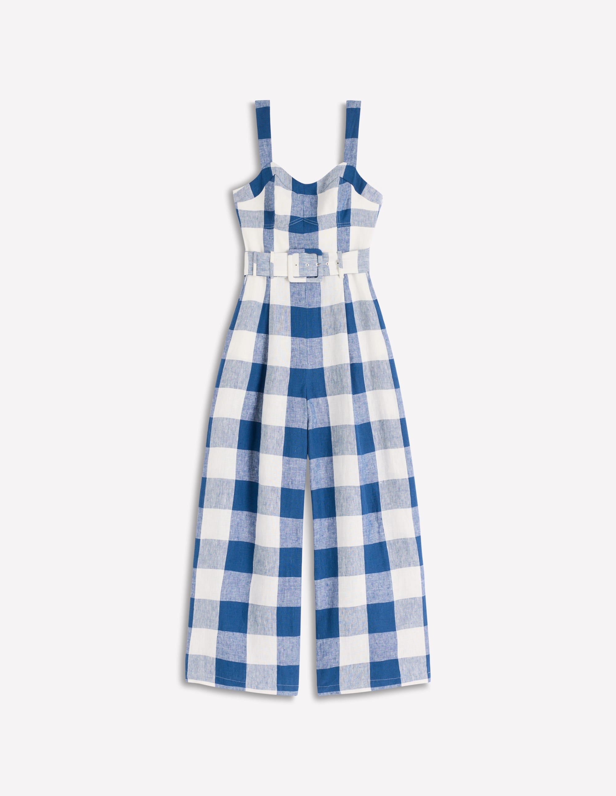Panelled Bodice Linen Jumpsuit-Denim Blue Gingham