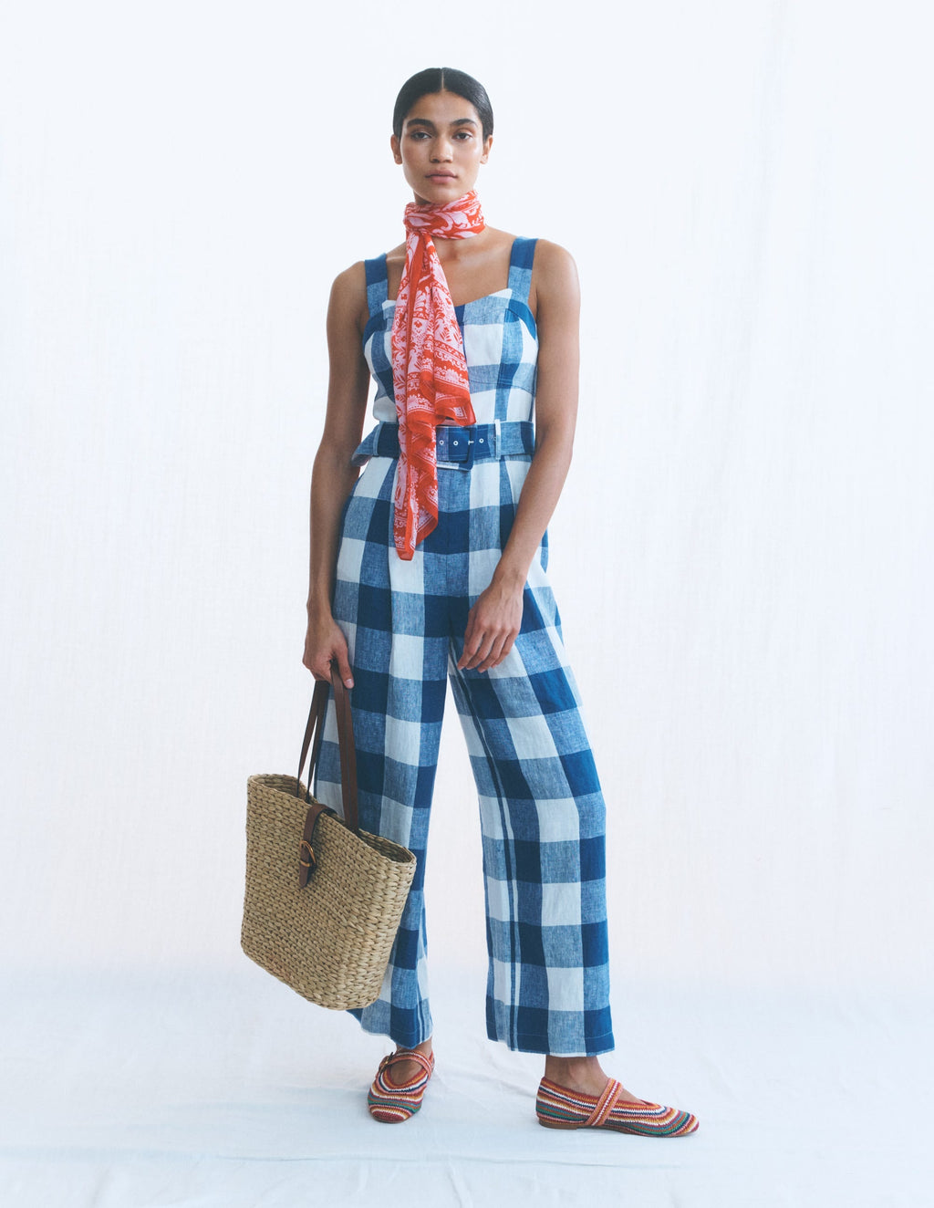 Panelled Bodice Linen Jumpsuit-Denim Blue Gingham