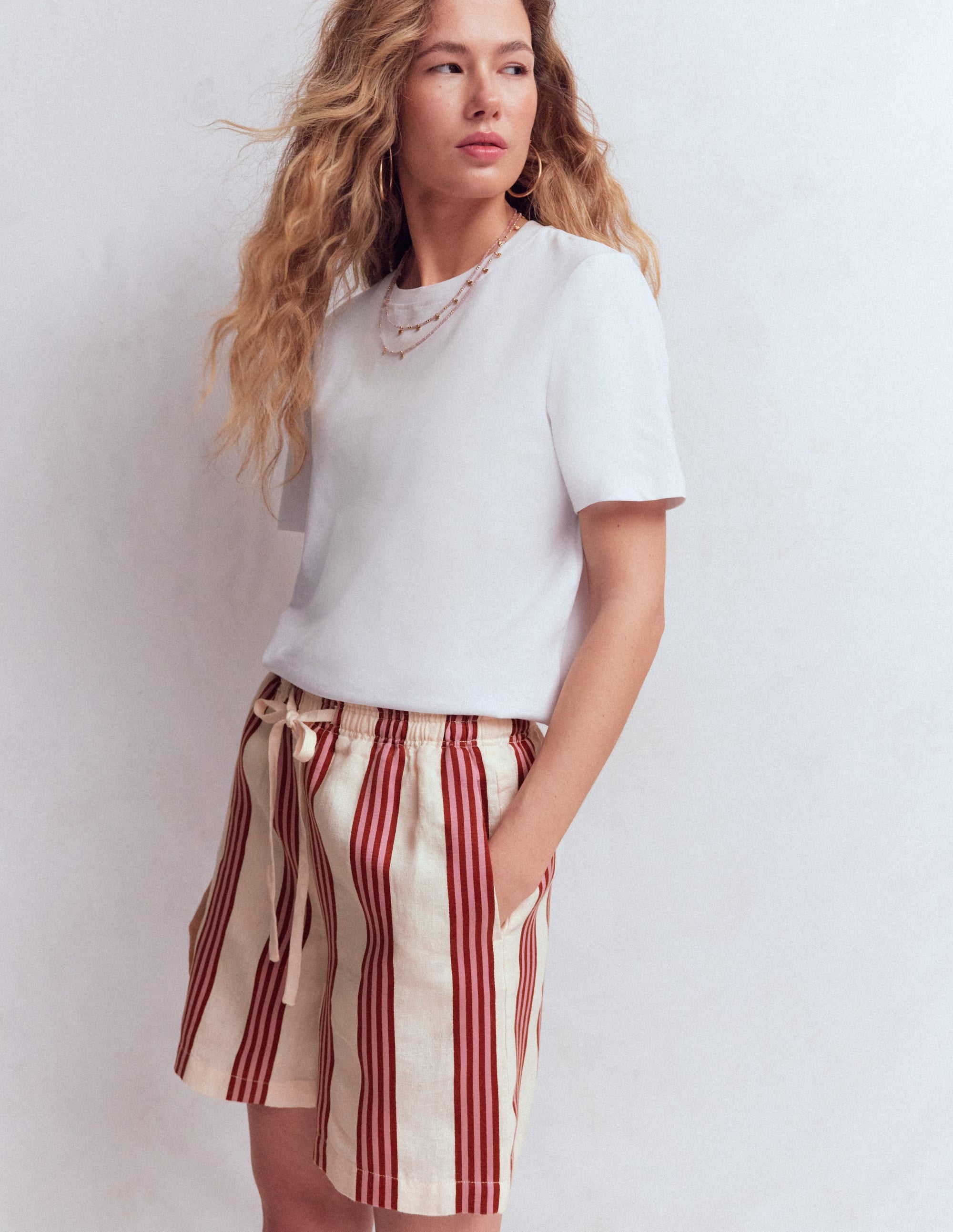 Islington Linen Shorts-Ivory, Brown & Pink Stripe