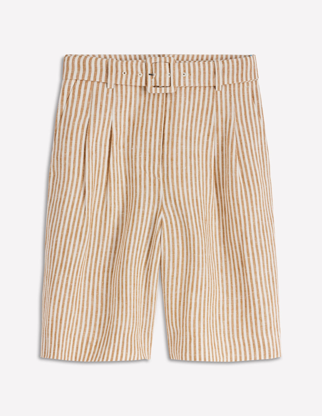 Chelsea Belted Linen Shorts-Brown, Ivory Ticking Stripe