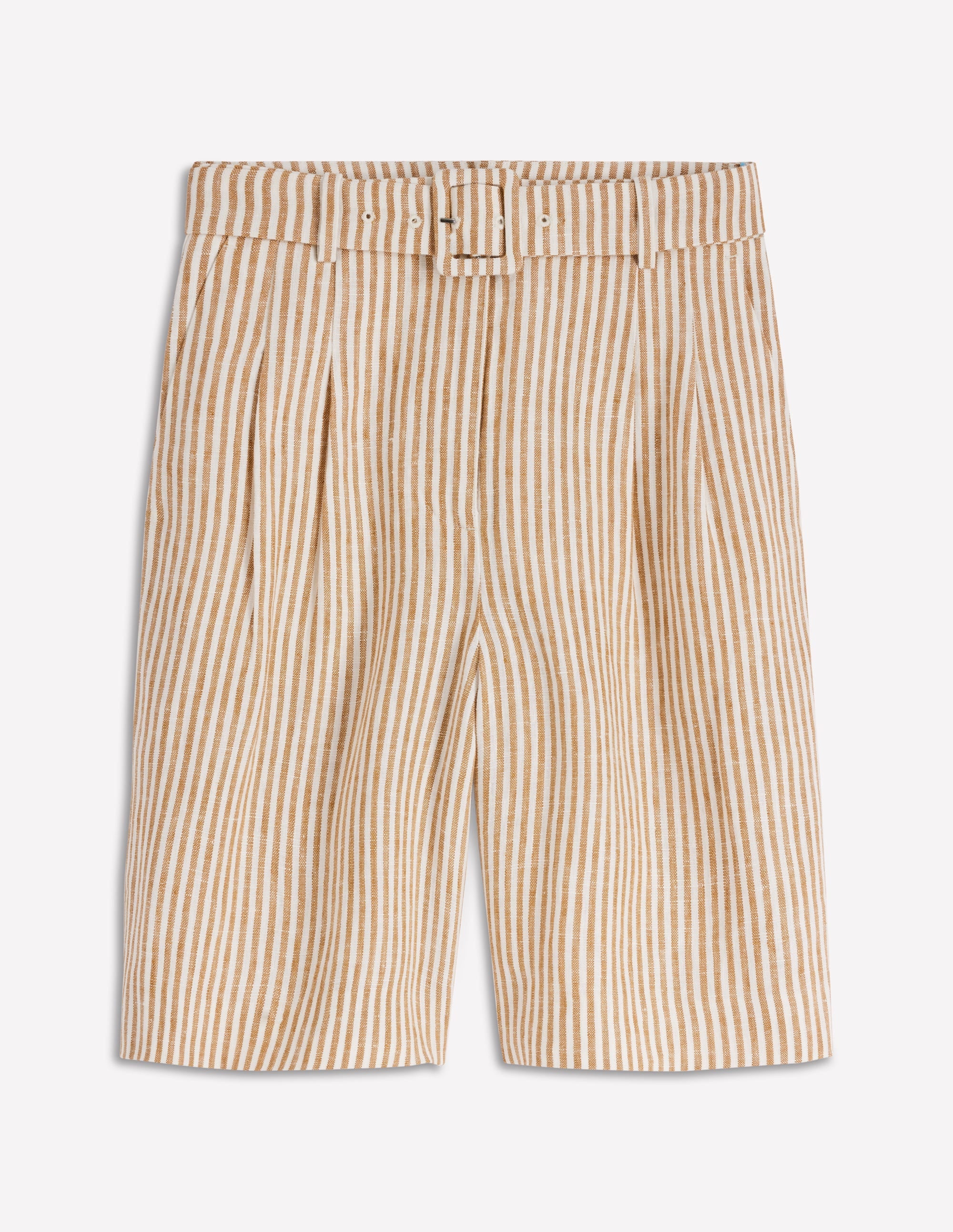 Chelsea Belted Linen Shorts-Brown, Ivory Ticking Stripe