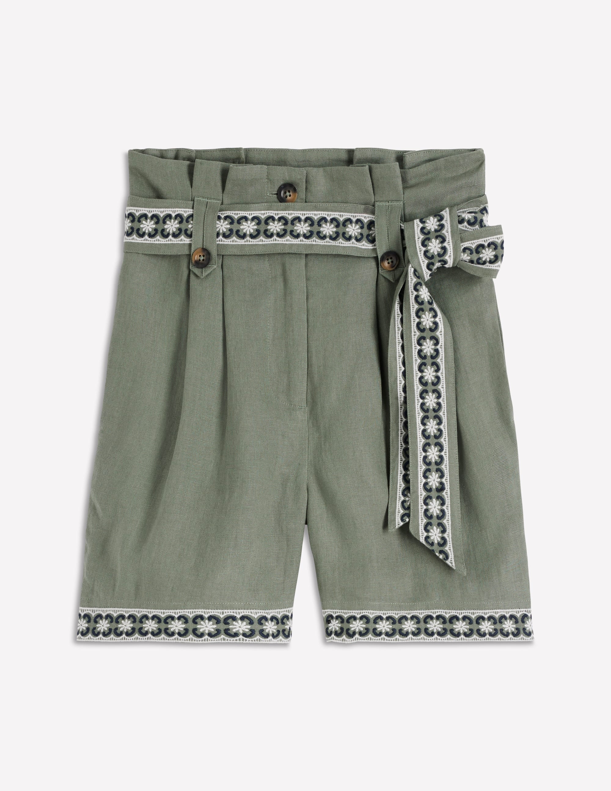 Paperbag Linen Belted Shorts-Agave Green Embroidery