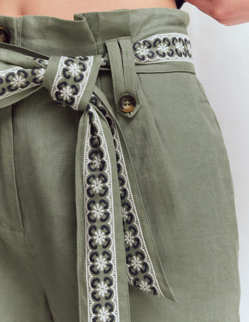 Paperbag Linen Belted Shorts-Agave Green Embroidery