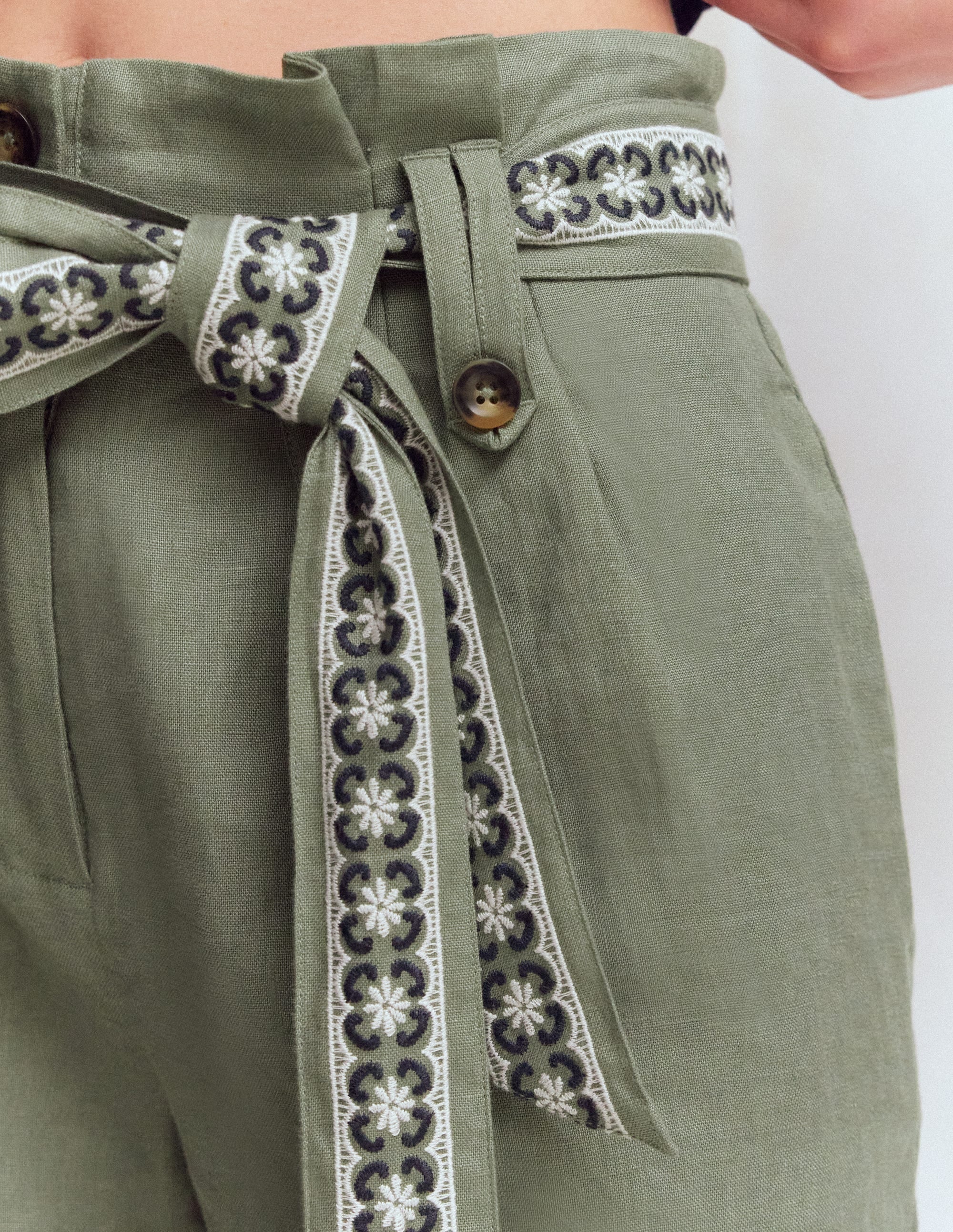 Paperbag Linen Belted Shorts-Agave Green Embroidery