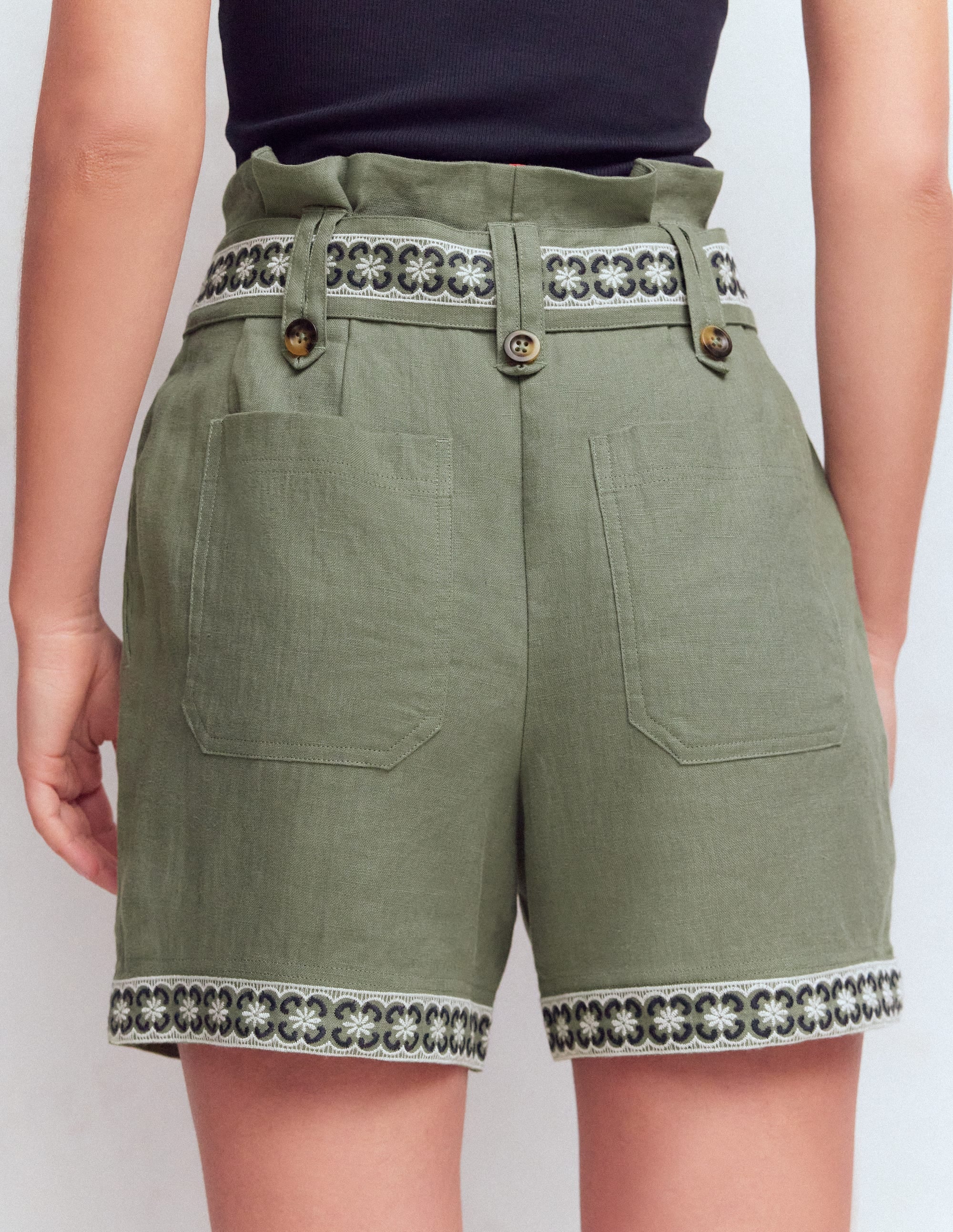 Paperbag Linen Belted Shorts-Agave Green Embroidery