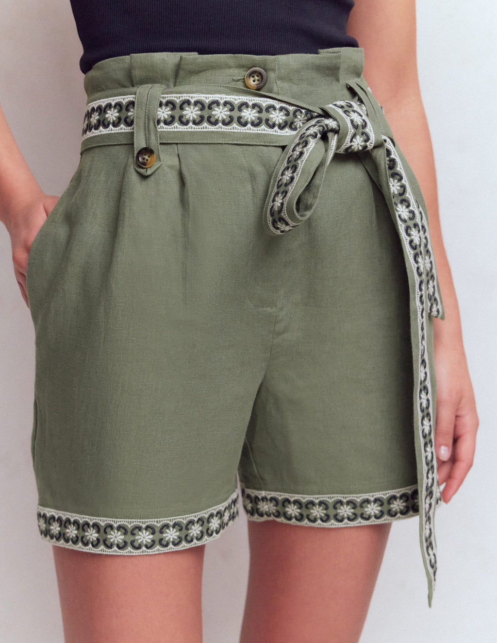 Paperbag Linen Belted Shorts-Agave Green Embroidery