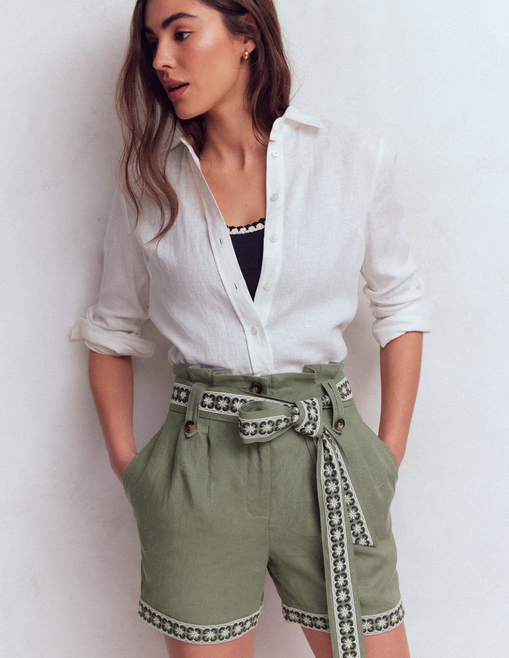 Paperbag Linen Belted Shorts-Agave Green Embroidery